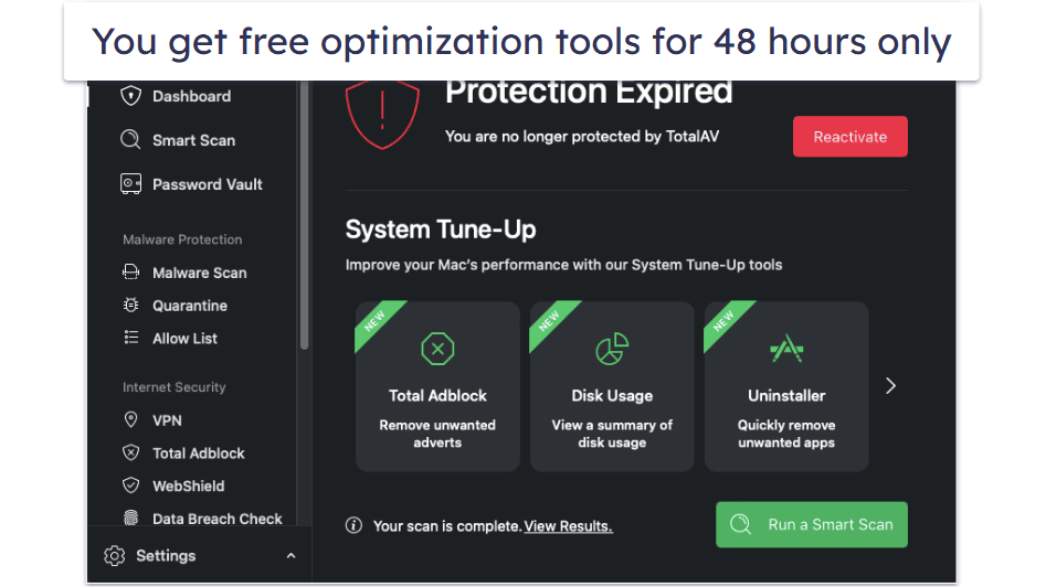 2.🥈 TotalAV Free Antivirus — Good Antivirus Scanner &amp; Limited Mac Speedup Tools