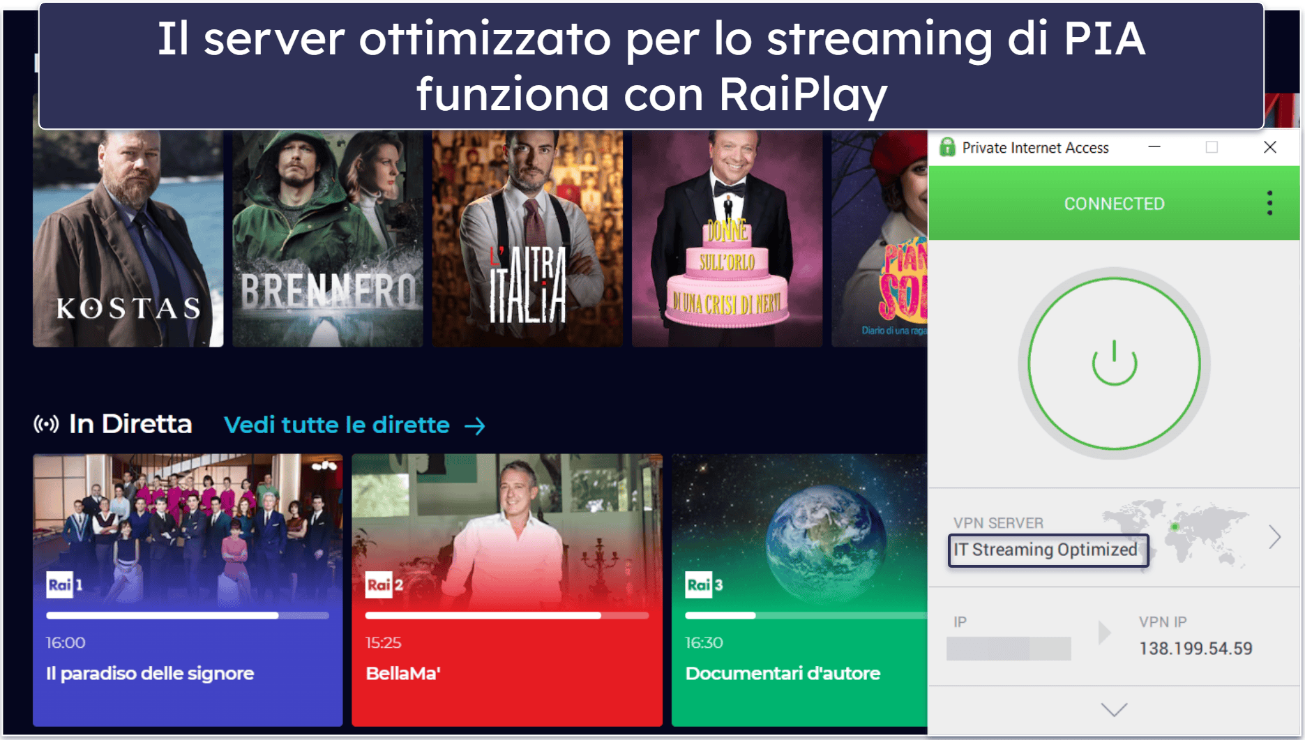 🥈2. Private Internet Access — Buona per lo streaming su RaiPlay mentre si viaggia e altamente personalizzabile